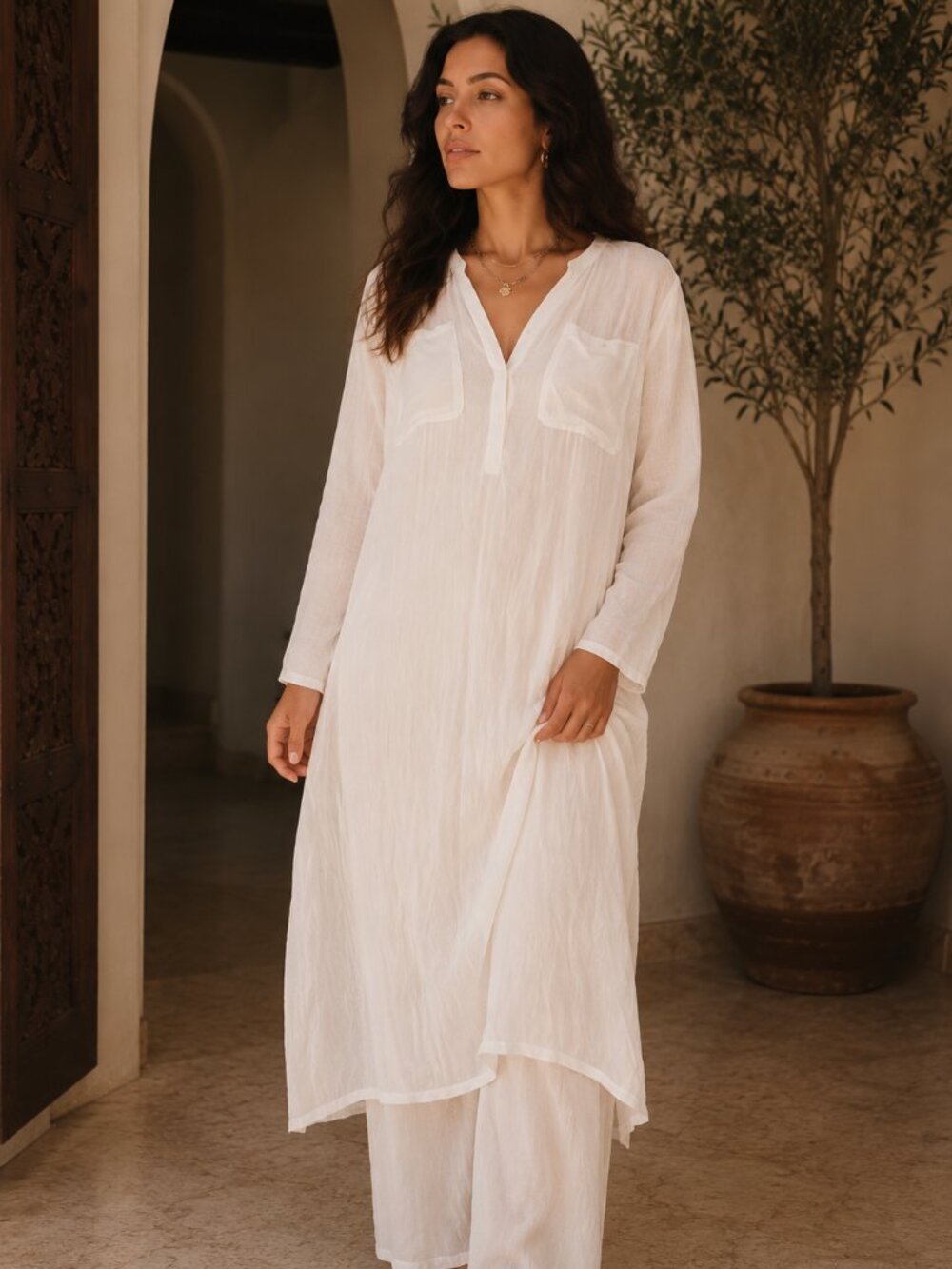 BIA Linen Gauze Lounge Set – Ethereal White Boho Tunic & Wide Leg Pants | Resort
